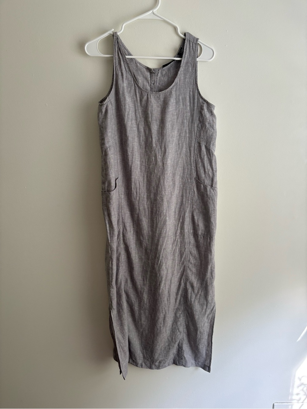 Adrienne Vittadini Grey 100% Linen Midi Dress, Pockets, Buttons